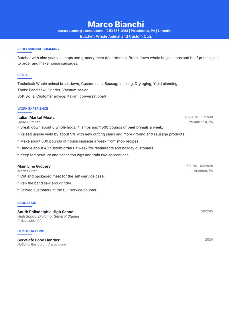 Butcher resume template sample in Olivia, page 1: fictional Butcher, Whole Animal and Custom Cuts