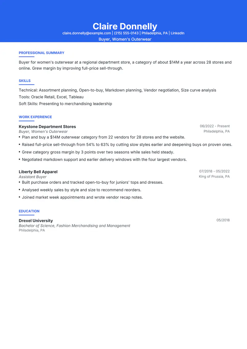 Buyer resume template sample in Olivia, page 1: fictional Buyer, Women's Outerwear