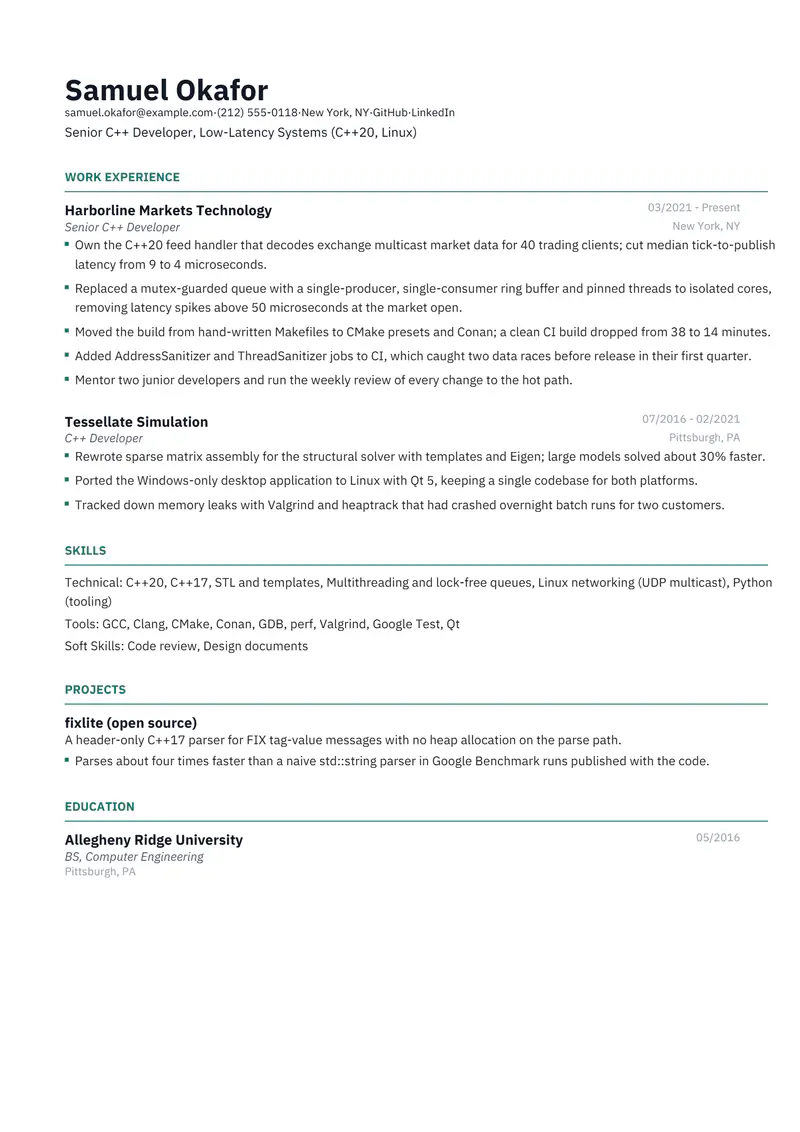 C++ Developer resume template sample in Catalyst, page 1: fictional Senior C++ Developer, Low-Latency Systems (C++20, Linux)