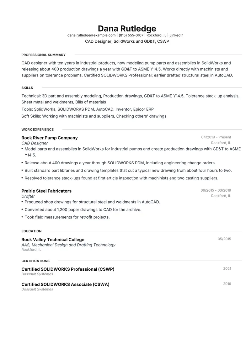 CAD Designer resume template sample in Meridian, page 1: fictional CAD Designer, SolidWorks and GD&T, CSWP