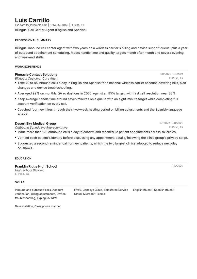 Call Center Agent resume template sample in Henrietta, page 1: fictional Bilingual Call Center Agent (English and Spanish)
