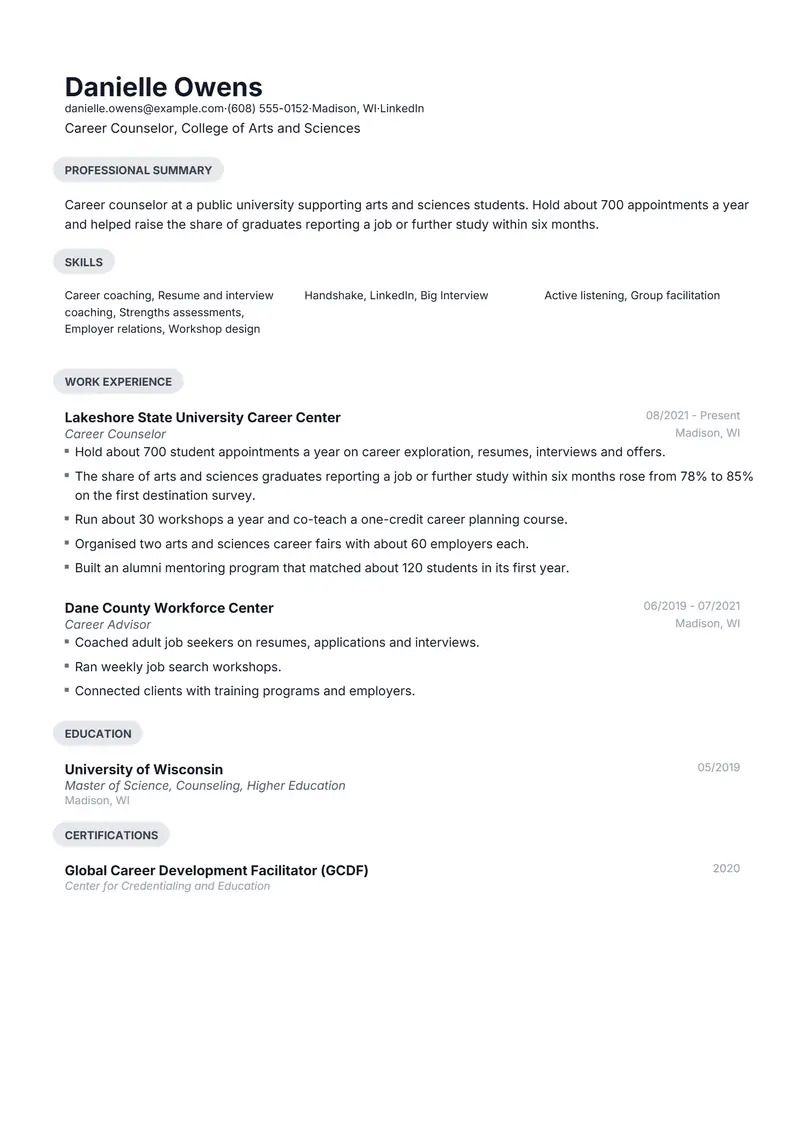 Career Counselor resume template sample in Daniel, page 1: fictional Career Counselor, College of Arts and Sciences