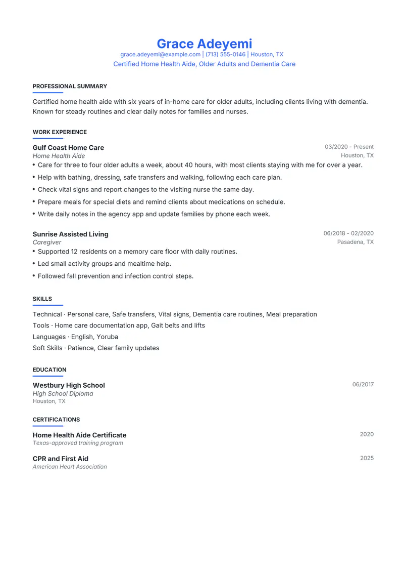 Caregiver resume template sample in Leslie, page 1: fictional Certified Home Health Aide, Older Adults and Dementia Care