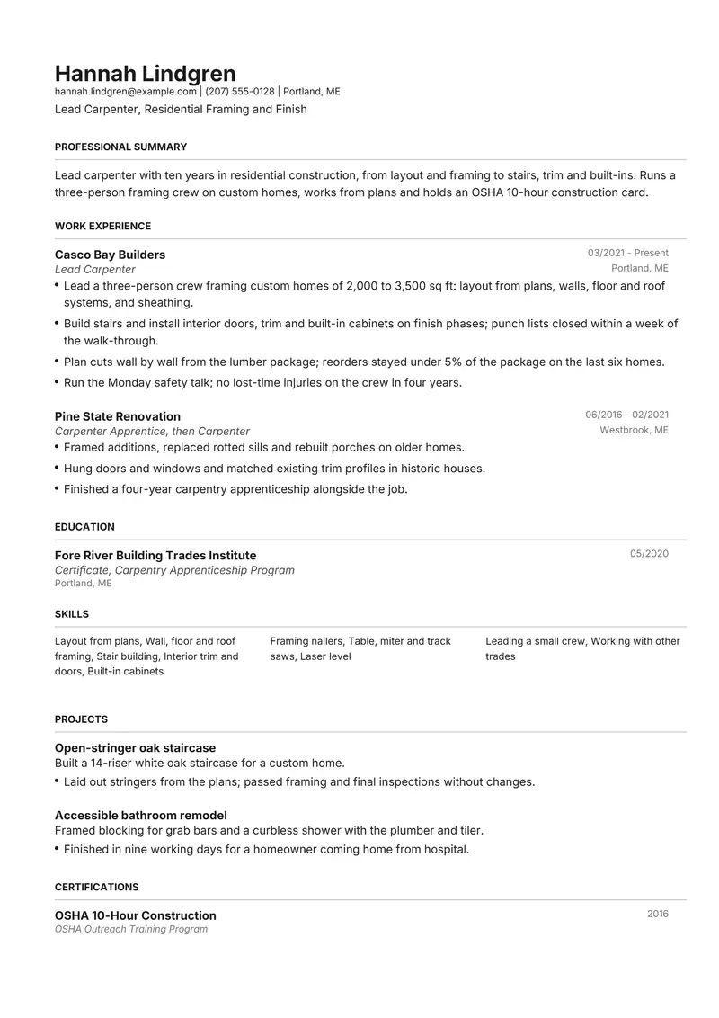 Carpenter resume template sample in Henrietta, page 1: fictional Lead Carpenter, Residential Framing and Finish