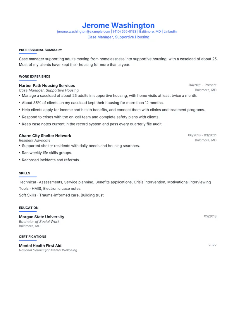 Case Manager resume template sample in Leslie, page 1: fictional Case Manager, Supportive Housing