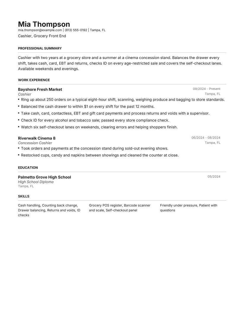 Cashier resume template sample in Henrietta, page 1: fictional Cashier, Grocery Front End