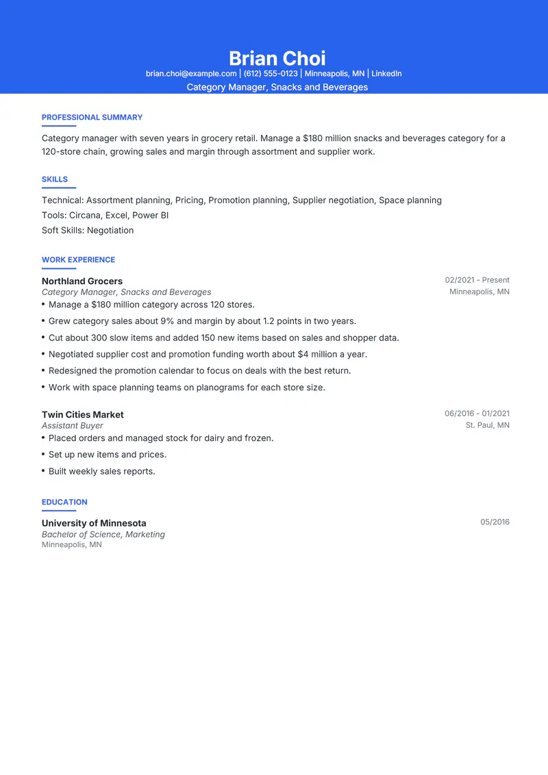 Category Manager resume template sample in Olivia, page 1: fictional Category Manager, Snacks and Beverages