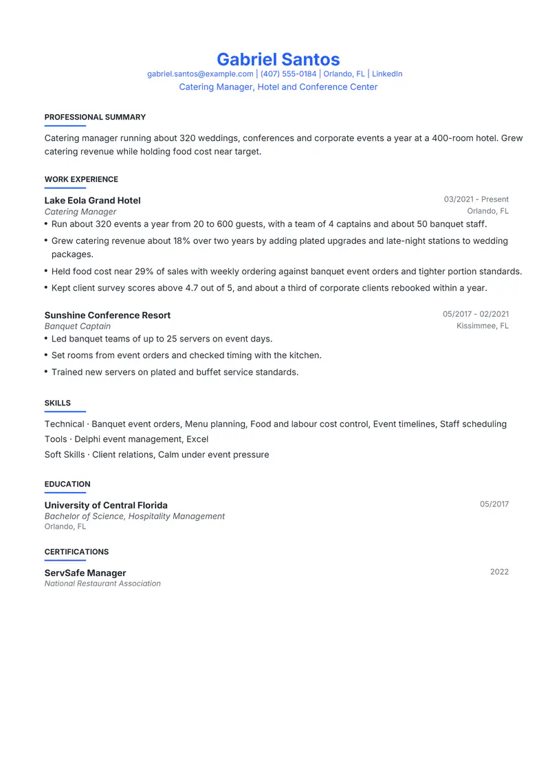 Catering Manager resume template sample in Leslie, page 1: fictional Catering Manager, Hotel and Conference Center