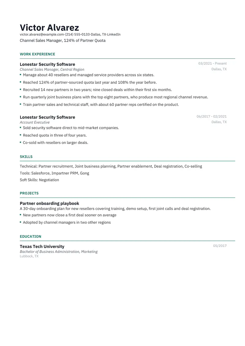 Channel Sales Manager resume template sample in Catalyst, page 1: fictional Channel Sales Manager, 124% of Partner Quota