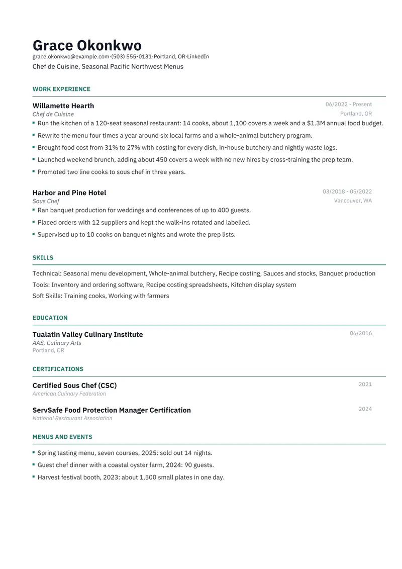 Chef resume template sample in Catalyst, page 1: fictional Chef de Cuisine, Seasonal Pacific Northwest Menus