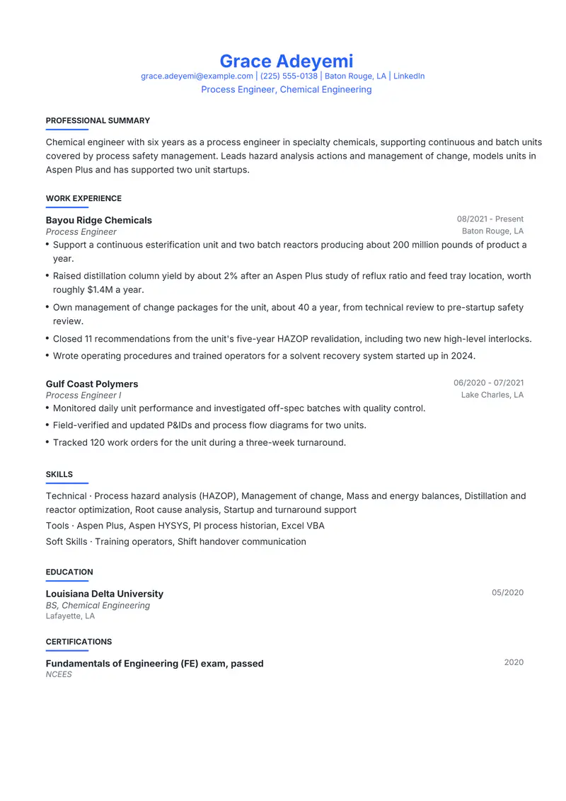 Chemical Engineer resume template sample in Leslie, page 1: fictional Process Engineer, Chemical Engineering