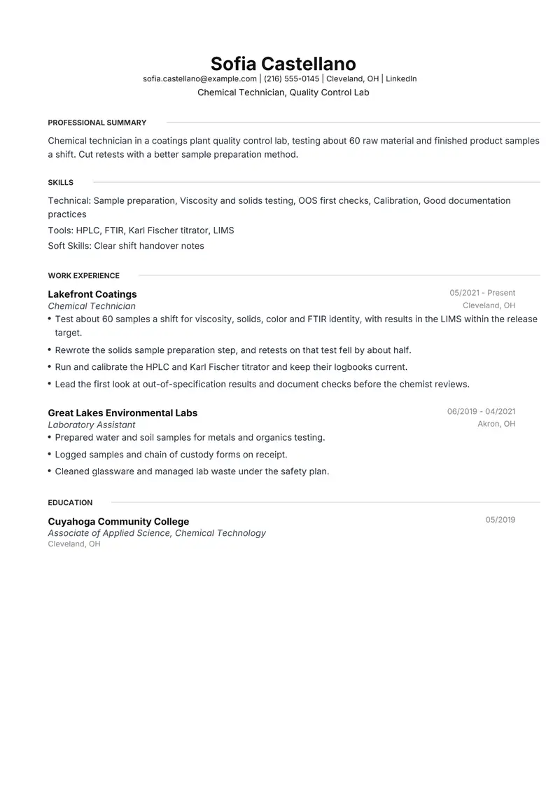 Chemical Technician resume template sample in Meridian, page 1: fictional Chemical Technician, Quality Control Lab