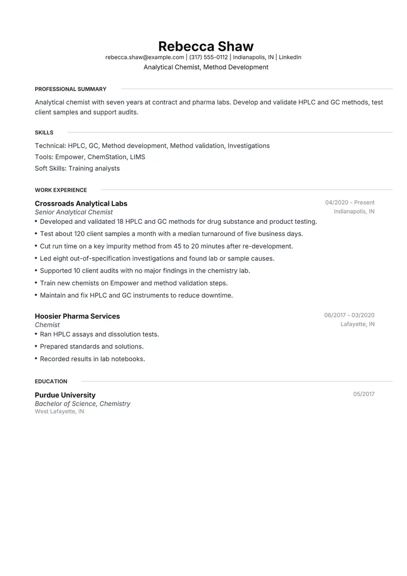 Chemist resume template sample in Meridian, page 1: fictional Analytical Chemist, Method Development