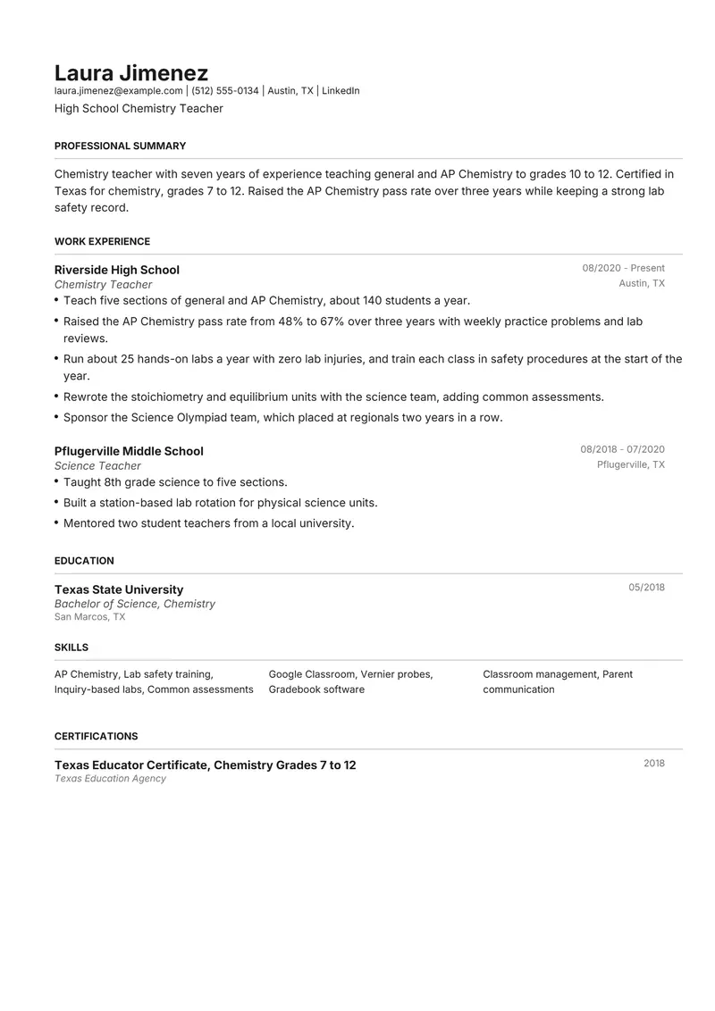 Chemistry Teacher resume template sample in Henrietta, page 1: fictional High School Chemistry Teacher