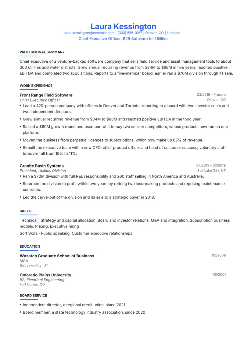 Chief Executive Officer resume template sample in Leslie, page 1: fictional Chief Executive Officer, B2B Software for Utilities