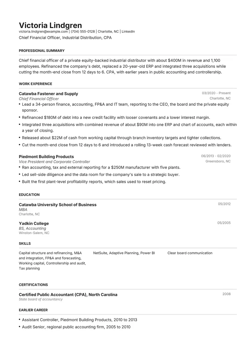 Chief Financial Officer resume template sample in Henrietta, page 1: fictional Chief Financial Officer, Industrial Distribution, CPA