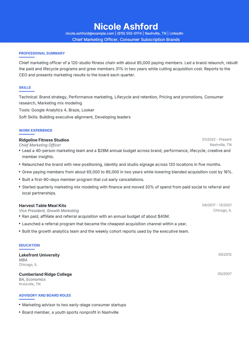 Chief Marketing Officer resume template sample in Olivia, page 1: fictional Chief Marketing Officer, Consumer Subscription Brands