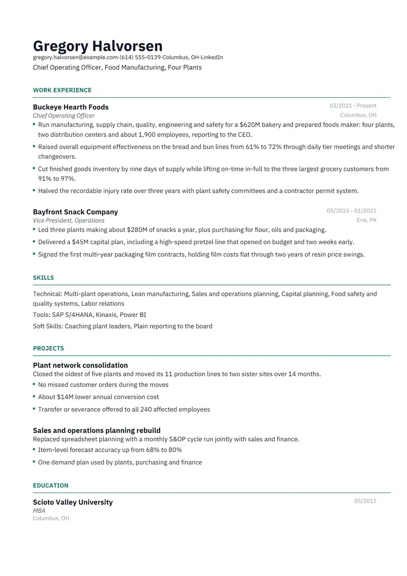 Chief Operating Officer resume template sample in Catalyst, page 1: fictional Chief Operating Officer, Food Manufacturing, Four Plants