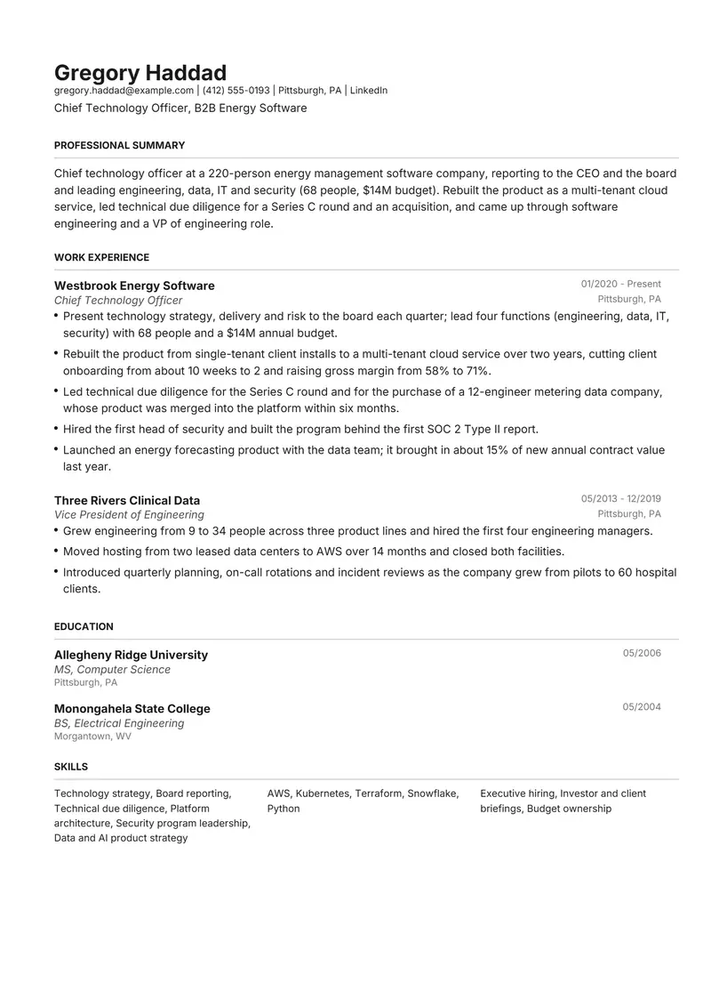 Chief Technology Officer (CTO) resume template sample in Henrietta, page 1: fictional Chief Technology Officer, B2B Energy Software