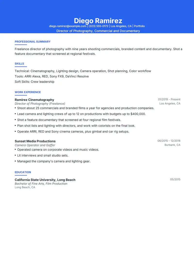 Cinematographer resume template sample in Olivia, page 1: fictional Director of Photography, Commercial and Documentary