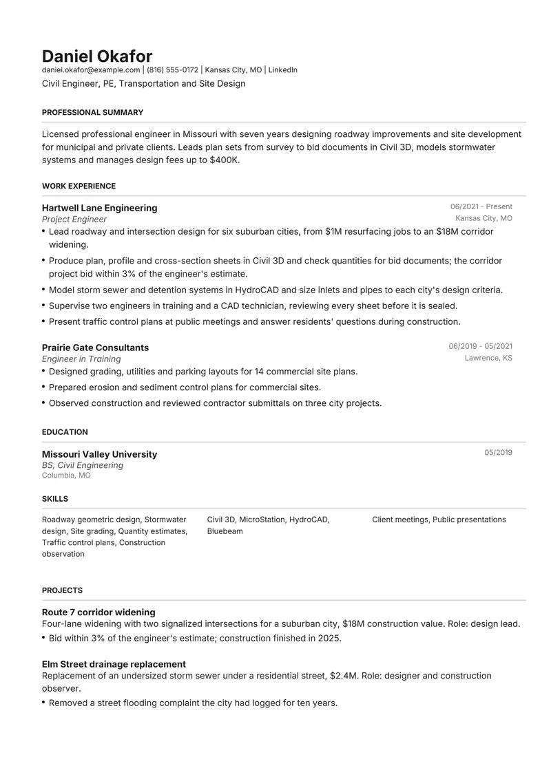 Civil Engineer resume template sample in Henrietta, page 1: fictional Civil Engineer, PE, Transportation and Site Design