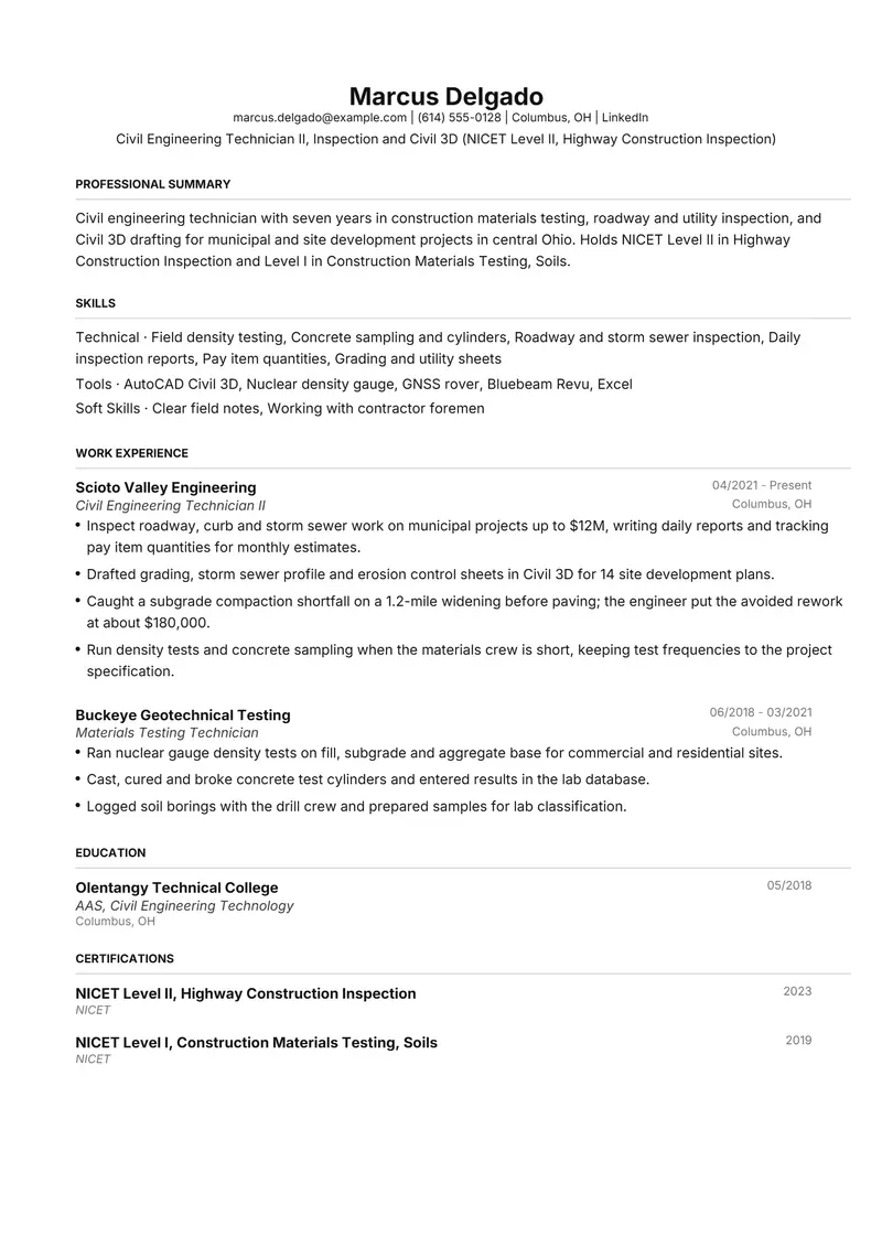 Civil Technician resume template sample in FAANGPath, page 1: fictional Civil Engineering Technician II, Inspection and Civil 3D (NICET Level II, Highway Construction Inspection)