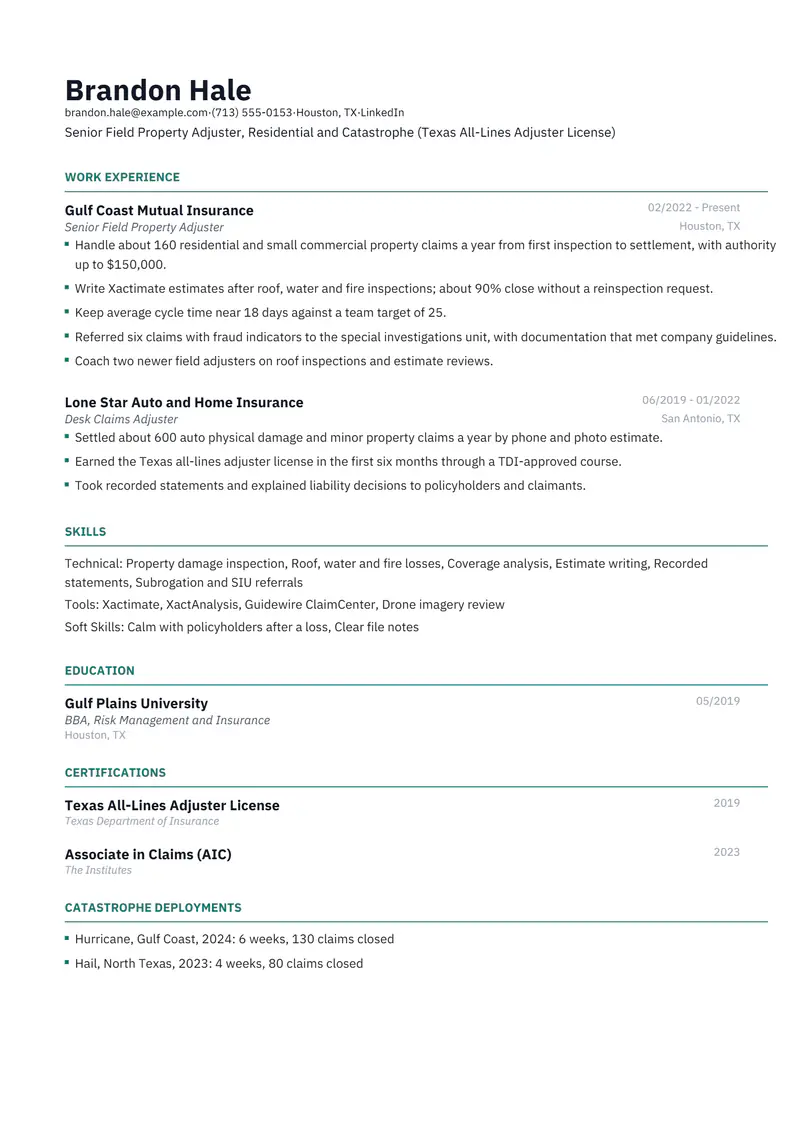 Claims Adjuster resume template sample in Catalyst, page 1: fictional Senior Field Property Adjuster, Residential and Catastrophe (Texas All-Lines Adjuster License)