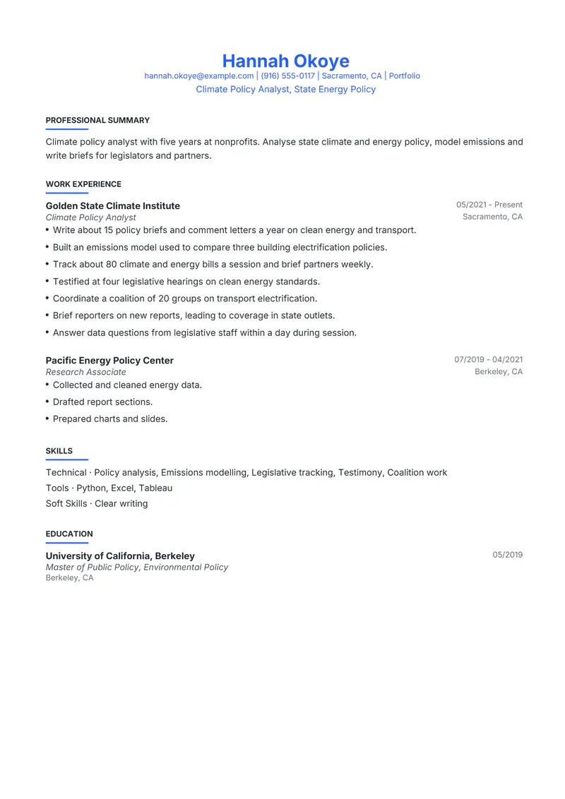 Climate Policy Analyst resume template sample in Leslie, page 1: fictional Climate Policy Analyst, State Energy Policy