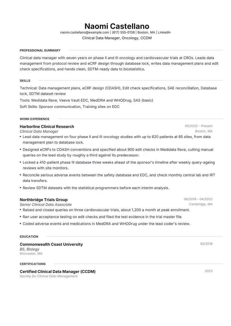 Clinical Data Manager resume template sample in Meridian, page 1: fictional Clinical Data Manager, Oncology, CCDM