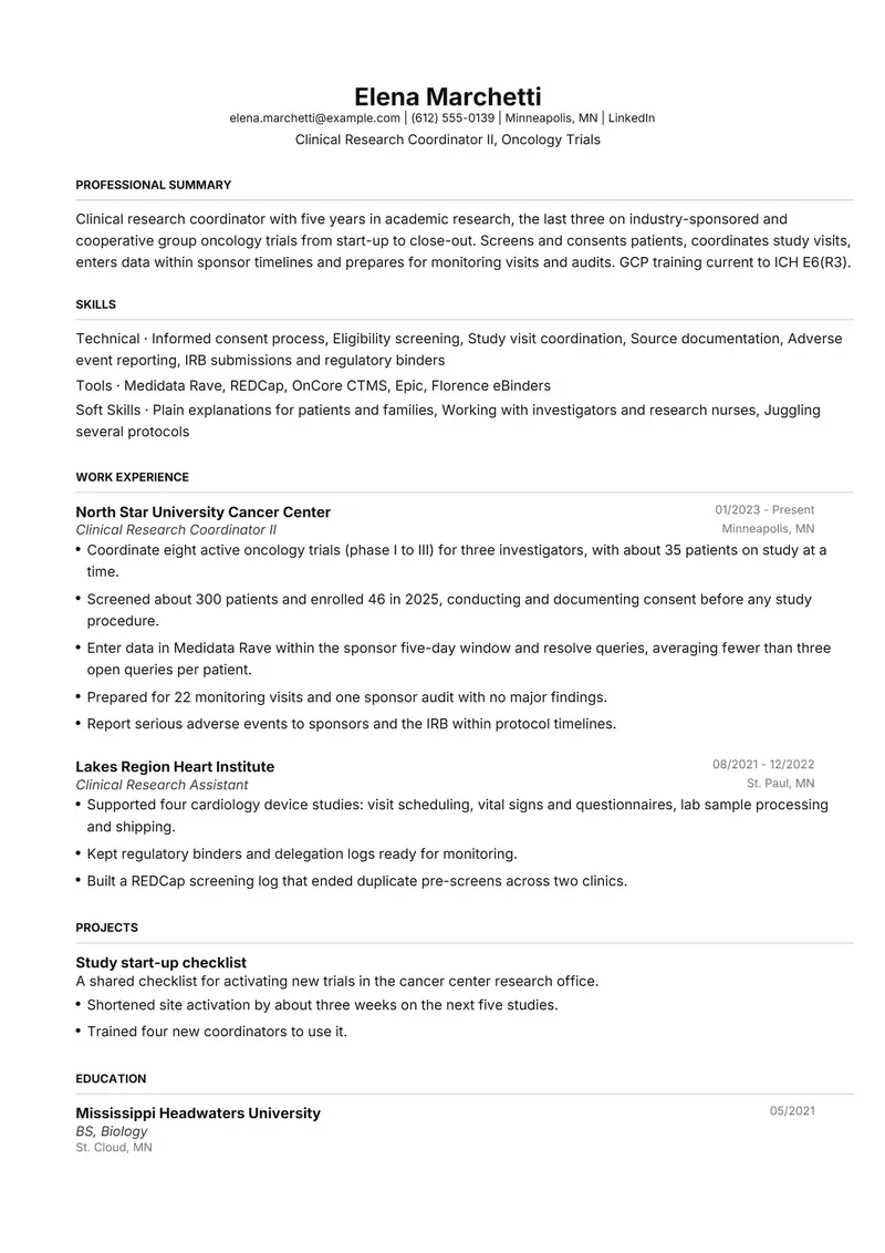 Clinical Research Coordinator resume template sample in FAANGPath, page 1: fictional Clinical Research Coordinator II, Oncology Trials