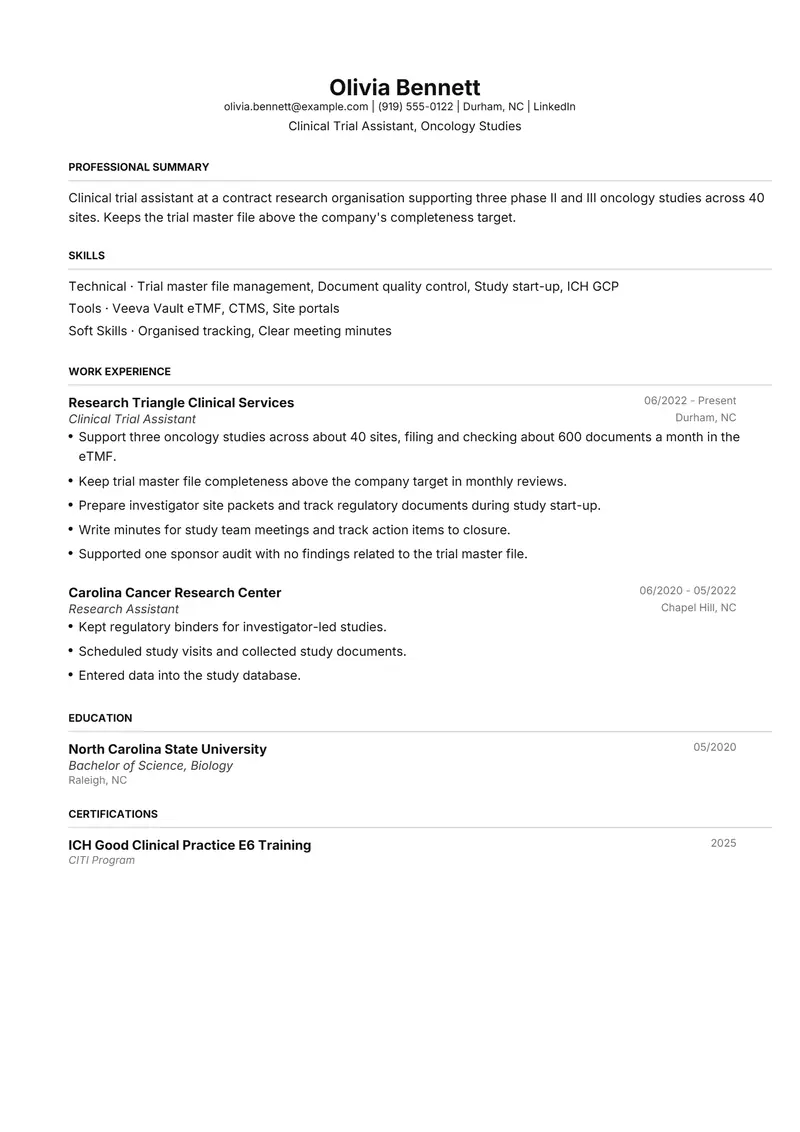 Clinical Trial Assistant resume template sample in FAANGPath, page 1: fictional Clinical Trial Assistant, Oncology Studies