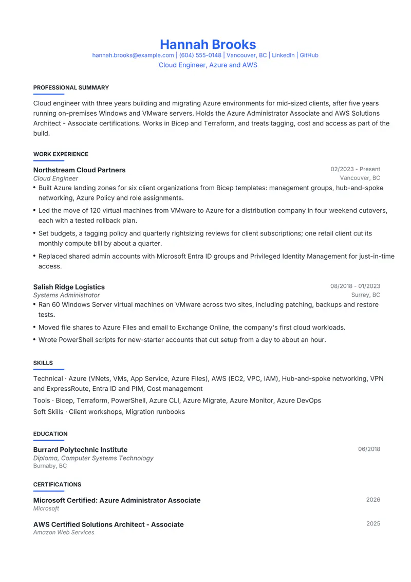 Cloud Engineer resume template sample in Leslie, page 1: fictional Cloud Engineer, Azure and AWS