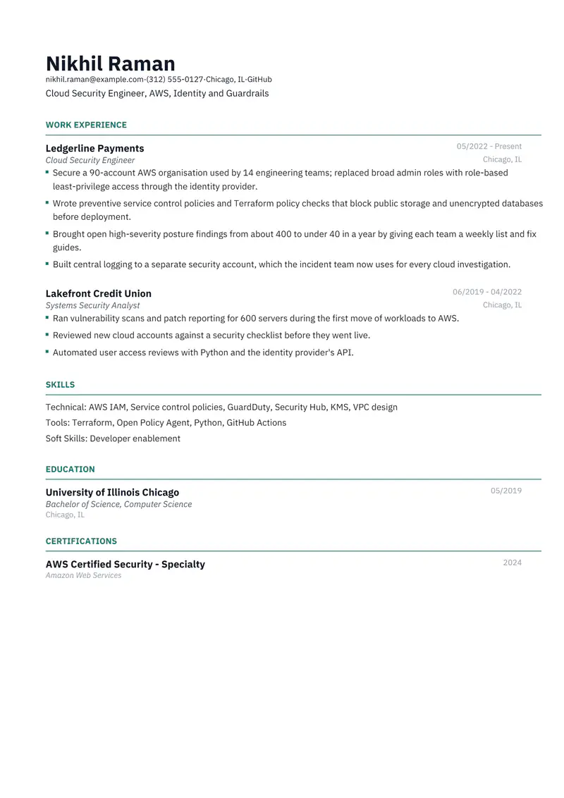 Cloud Security Engineer resume template sample in Catalyst, page 1: fictional Cloud Security Engineer, AWS, Identity and Guardrails