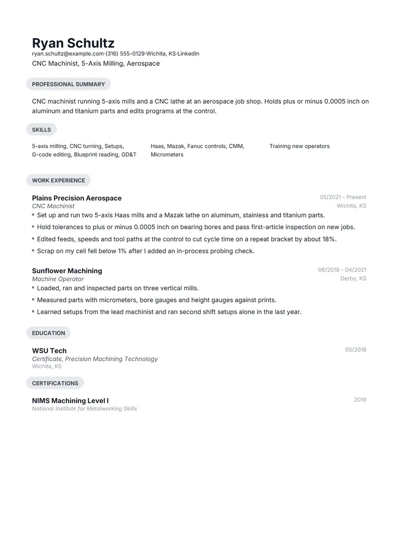 CNC Machinist resume template sample in Daniel, page 1: fictional CNC Machinist, 5-Axis Milling, Aerospace