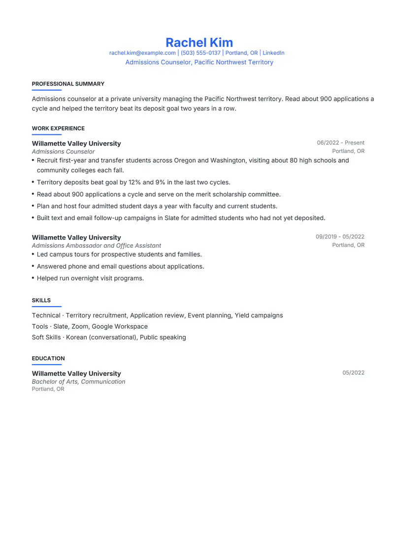 College Admissions Counselor resume template sample in Leslie, page 1: fictional Admissions Counselor, Pacific Northwest Territory