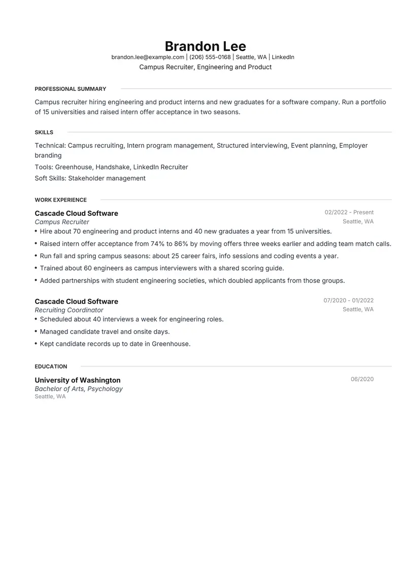 College Recruiter resume template sample in Meridian, page 1: fictional Campus Recruiter, Engineering and Product