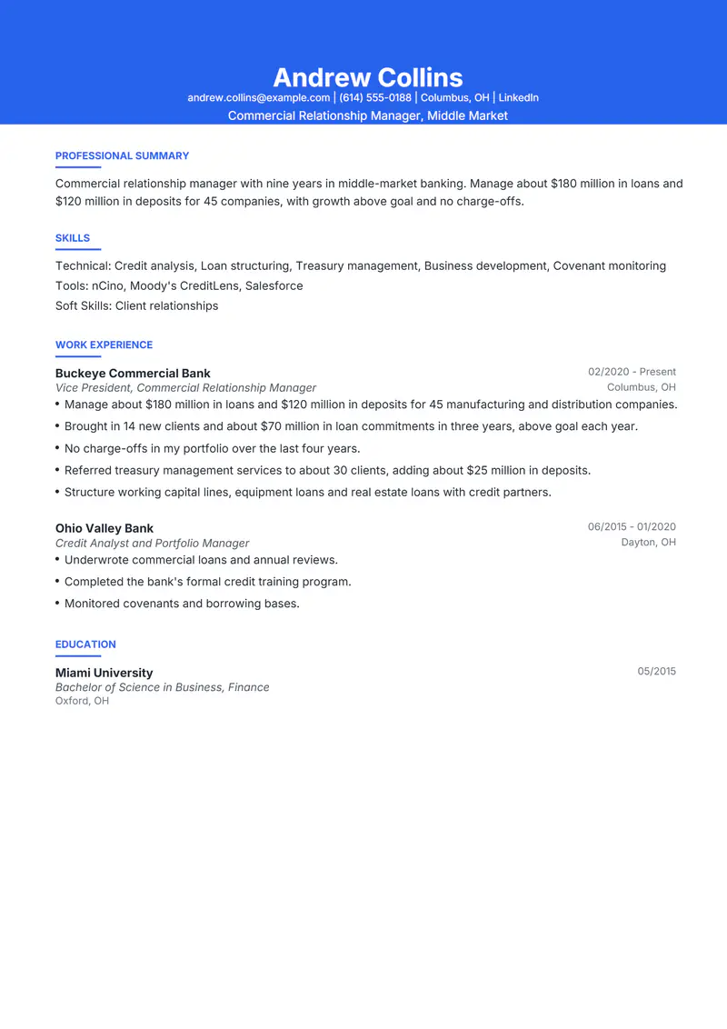 Commercial Banking Relationship Manager resume template sample in Olivia, page 1: fictional Commercial Relationship Manager, Middle Market