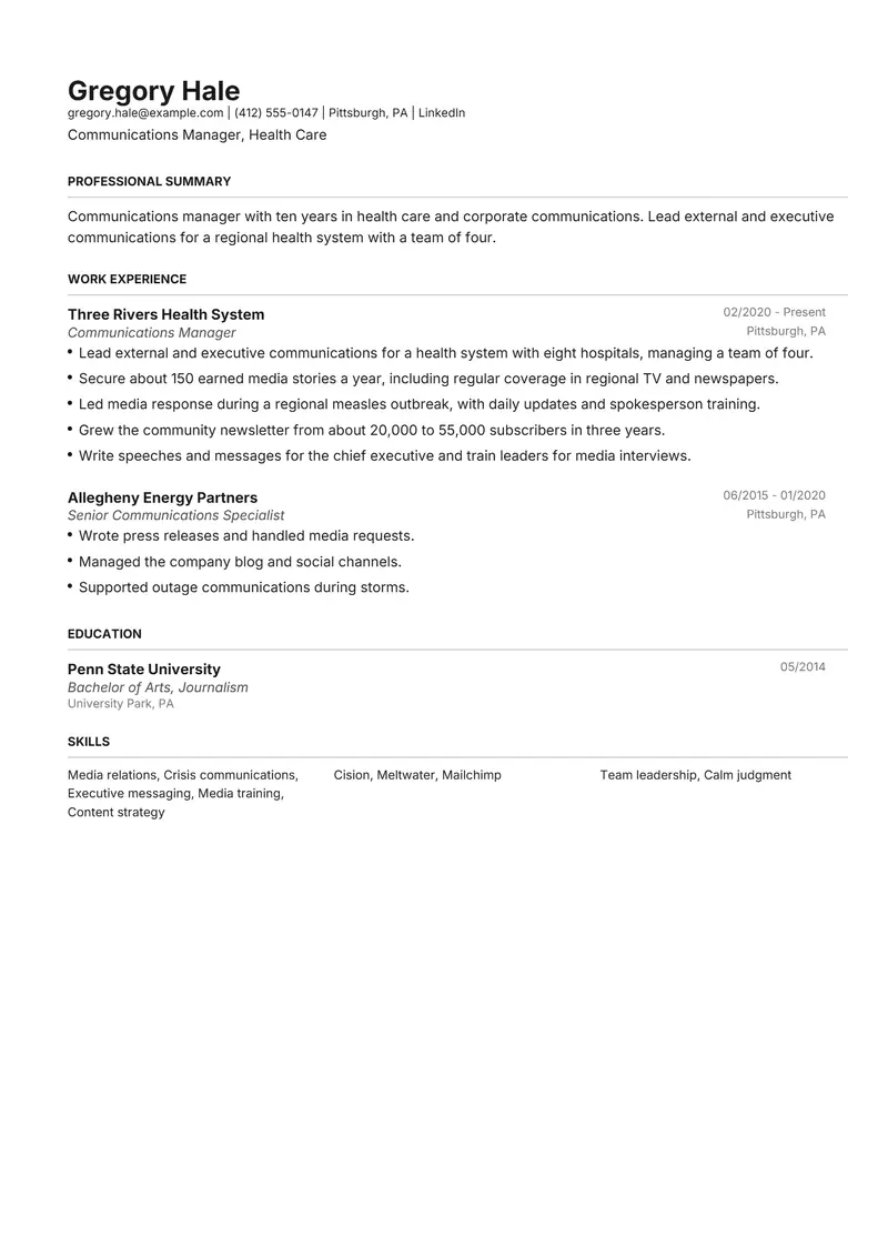Communications Manager resume template sample in Henrietta, page 1: fictional Communications Manager, Health Care