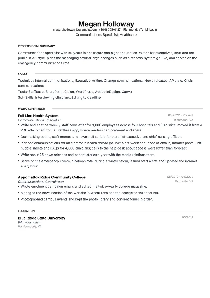 Communications Specialist resume template sample in Meridian, page 1: fictional Communications Specialist, Healthcare