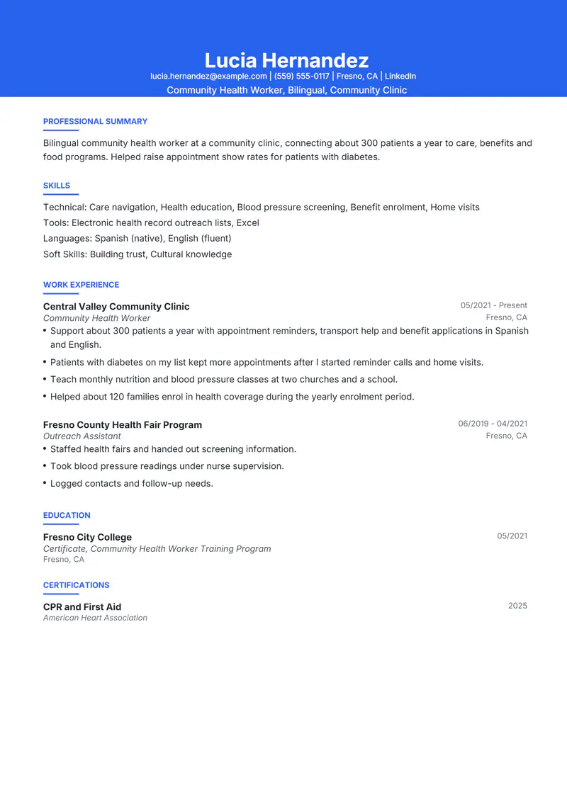 Community Health Worker resume template sample in Olivia, page 1: fictional Community Health Worker, Bilingual, Community Clinic