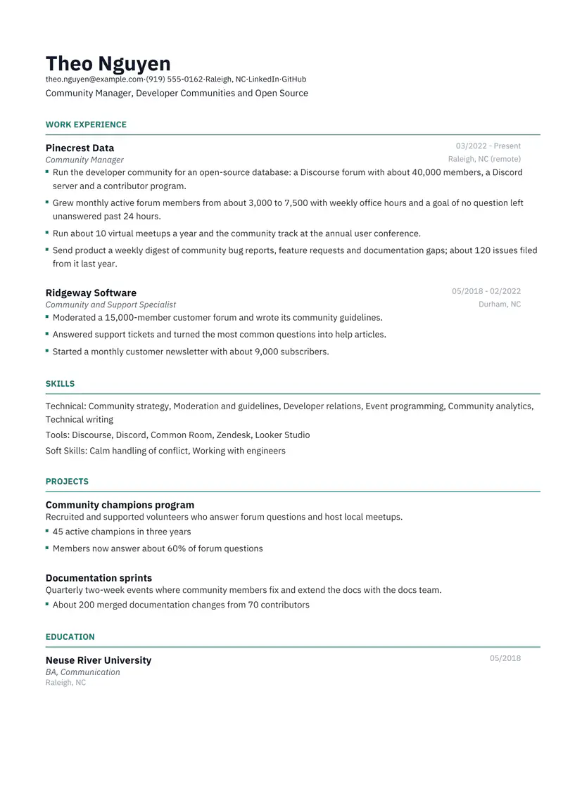 Community Manager resume template sample in Catalyst, page 1: fictional Community Manager, Developer Communities and Open Source