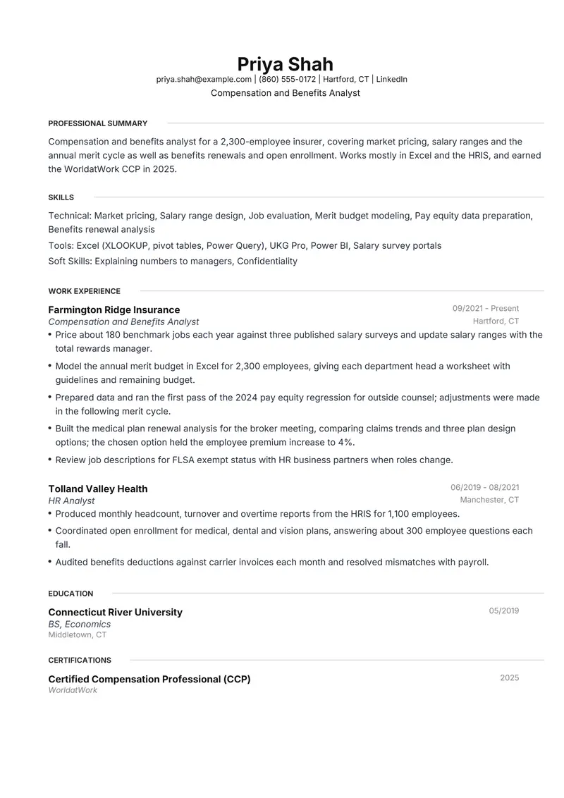 Compensation and Benefits Analyst resume template sample in Meridian, page 1: fictional Compensation and Benefits Analyst