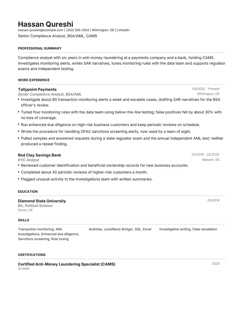 Compliance Analyst resume template sample in Henrietta, page 1: fictional Senior Compliance Analyst, BSA/AML, CAMS