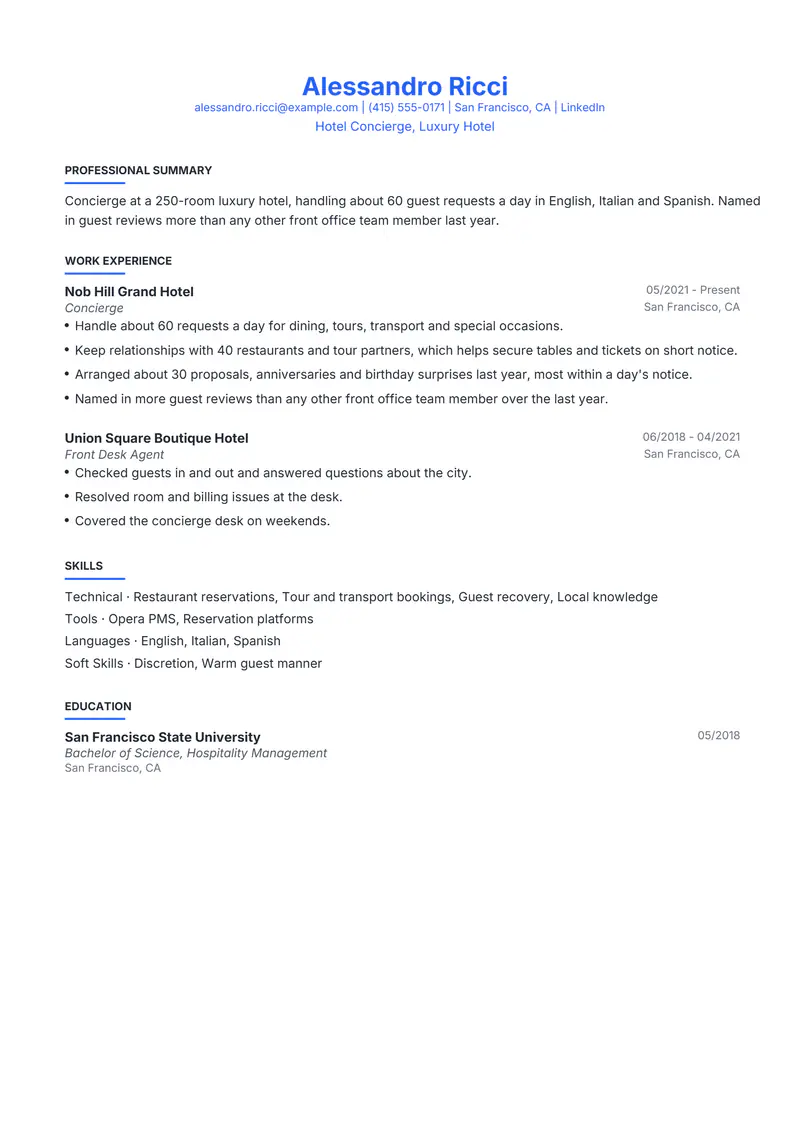 Concierge resume template sample in Leslie, page 1: fictional Hotel Concierge, Luxury Hotel