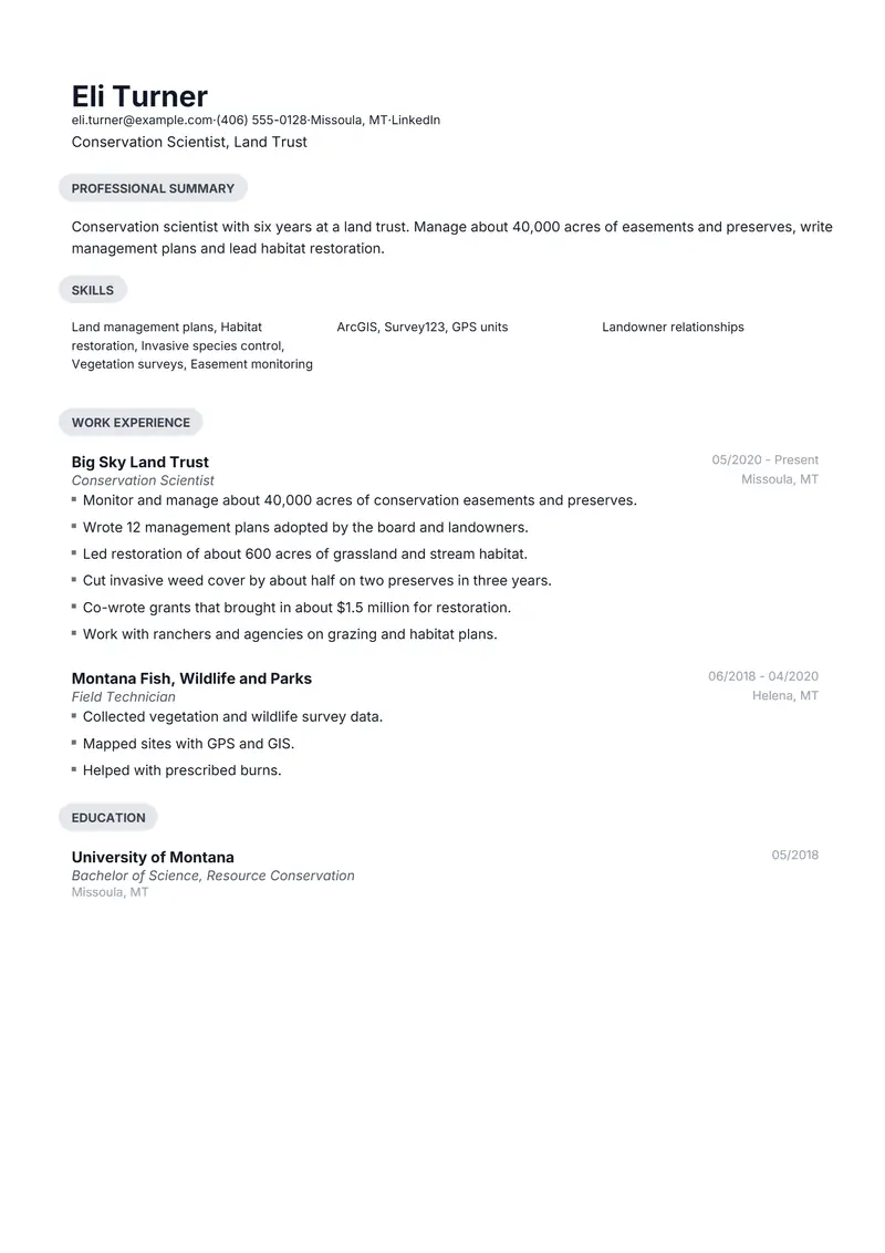 Conservation Scientist resume template sample in Daniel, page 1: fictional Conservation Scientist, Land Trust