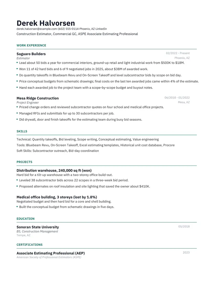 Construction Estimator resume template sample in Catalyst, page 1: fictional Construction Estimator, Commercial GC, ASPE Associate Estimating Professional