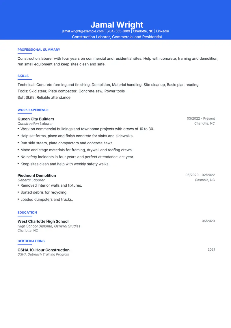 Construction Laborer resume template sample in Olivia, page 1: fictional Construction Laborer, Commercial and Residential