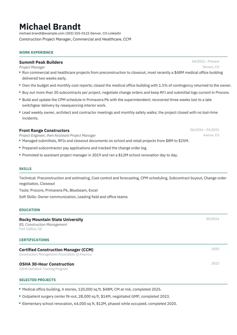 Construction Project Manager resume template sample in Catalyst, page 1: fictional Construction Project Manager, Commercial and Healthcare, CCM