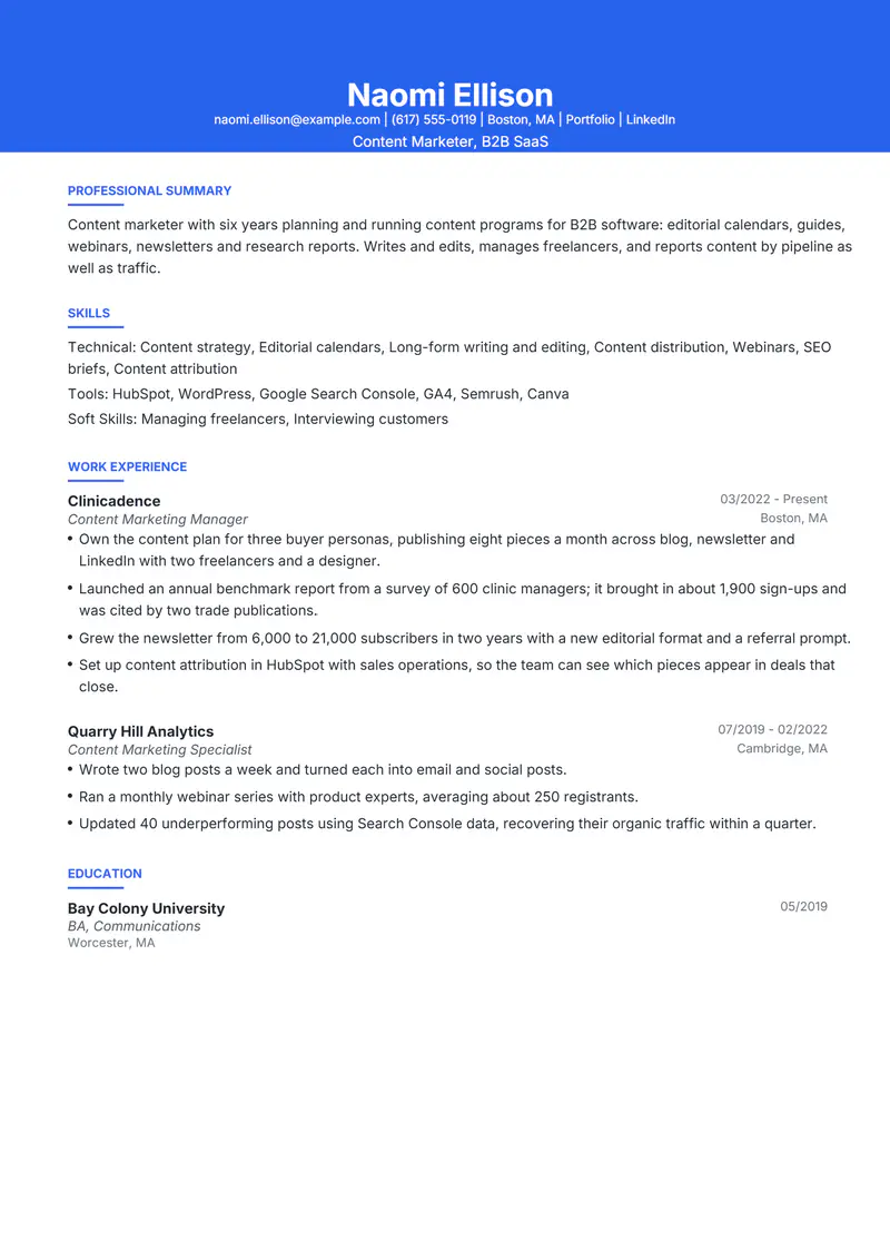 Content Marketer resume template sample in Olivia, page 1: fictional Content Marketer, B2B SaaS