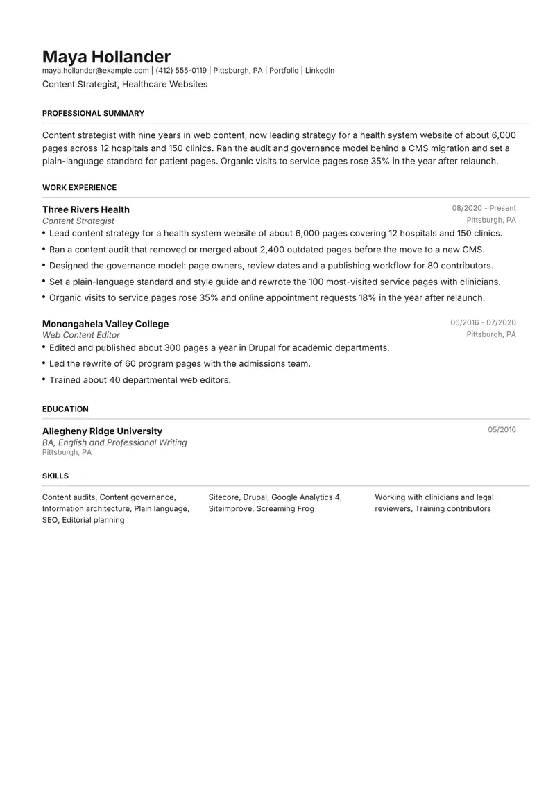 Content Strategist resume template sample in Henrietta, page 1: fictional Content Strategist, Healthcare Websites